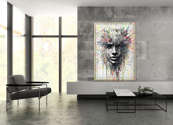 The painting "Explosion of Thoughts" is an abstract portrait in a black and white palette with color accents