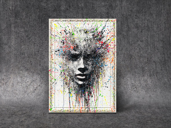 The painting "Explosion of Thoughts" is an abstract portrait in a black and white palette with color accents