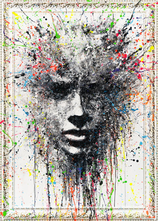 The painting "Explosion of Thoughts" is an abstract portrait in a black and white palette with color accents