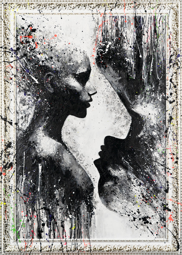 The painting "Contours" is an abstract silhouette portrait in monochrome
