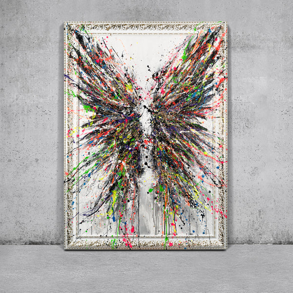 The painting "Wings" is an abstract composition with bright, energetic strokes.
