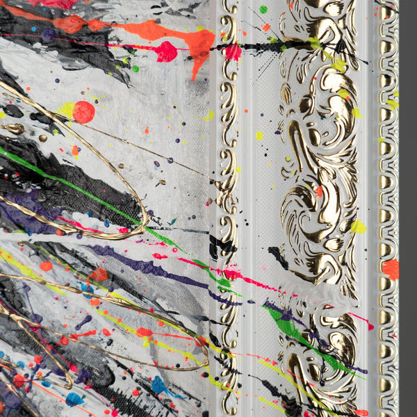 The painting "Wings" is an abstract composition with bright, energetic strokes.