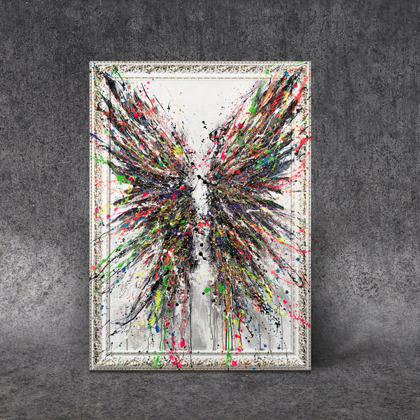 The painting "Wings" is an abstract composition with bright, energetic strokes.