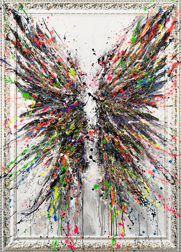 The painting "Wings" is an abstract composition with bright, energetic strokes.