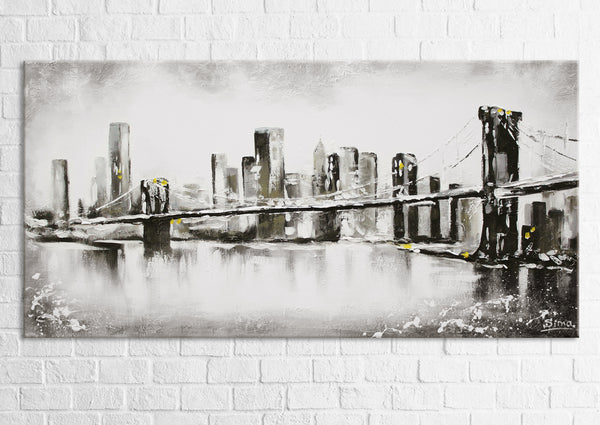 The painting "City in the Fog" is an abstraction with a bridge in black and white.