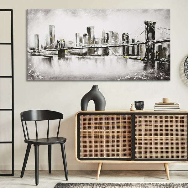 The painting "City in the Fog" is an abstraction with a bridge in black and white.