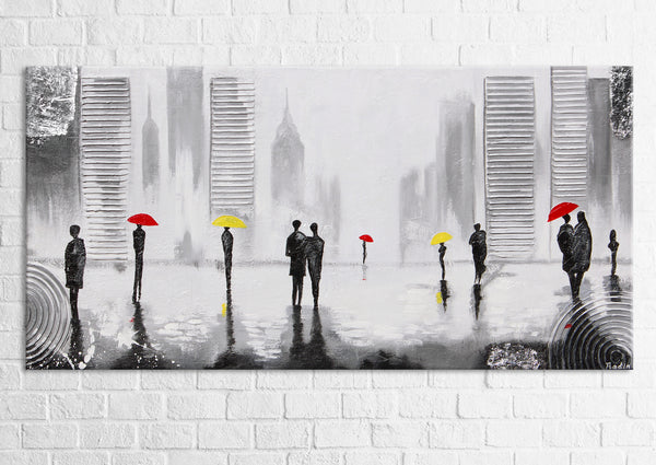 The painting "Under the Umbrellas" is an abstract urban scene in a minimalist style