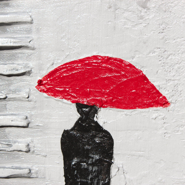 The painting "Under the Umbrellas" is an abstract urban scene in a minimalist style