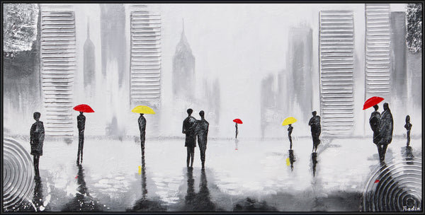 The painting "Under the Umbrellas" is an abstract urban scene in a minimalist style