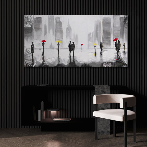 The painting "Under the Umbrellas" is an abstract urban scene in a minimalist style