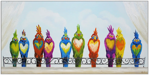 Painting "Merry Company" - bright birds for a children's room