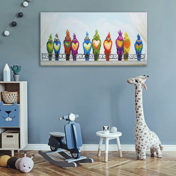 Painting "Merry Company" - bright birds for a children's room