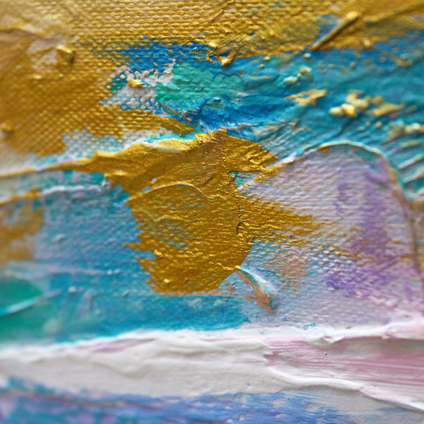 The painting "Sea Adventure" is a bright landscape in pink and blue tones.