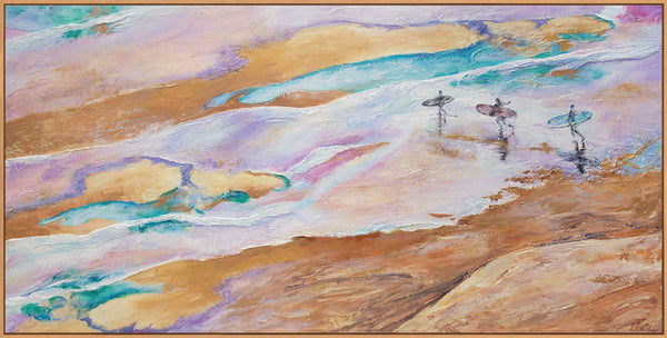 The painting "Sea Adventure" is a bright landscape in pink and blue tones.