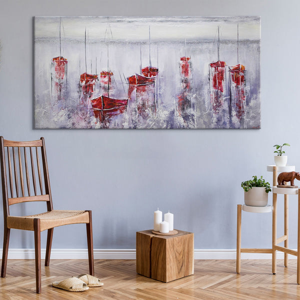 The painting "Quiet Harbor" is an abstract sea scene with boats