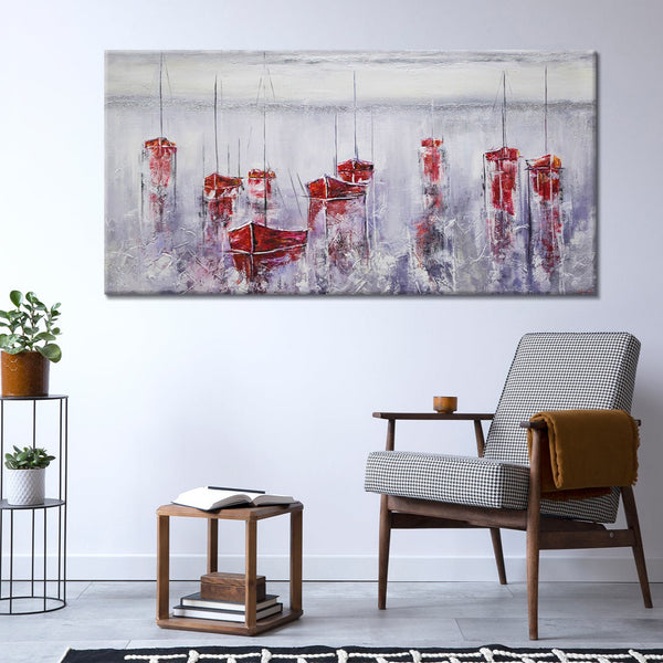 The painting "Quiet Harbor" is an abstract sea scene with boats
