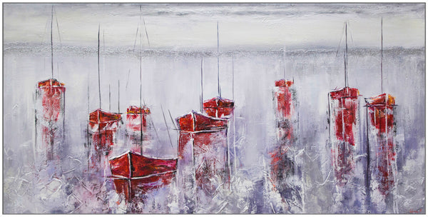 The painting "Quiet Harbor" is an abstract sea scene with boats