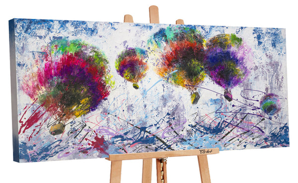 Painting "Free Flight" - bright balloons in an abstract sky
