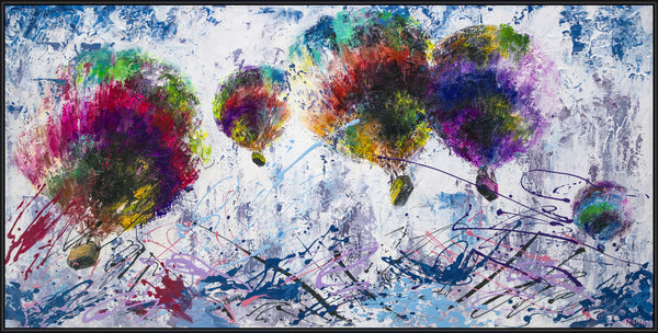 Painting "Free Flight" - bright balloons in an abstract sky