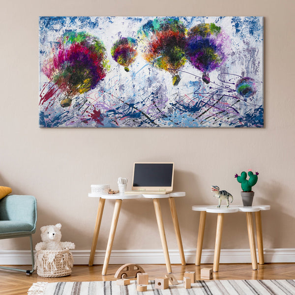 Painting "Free Flight" - bright balloons in an abstract sky