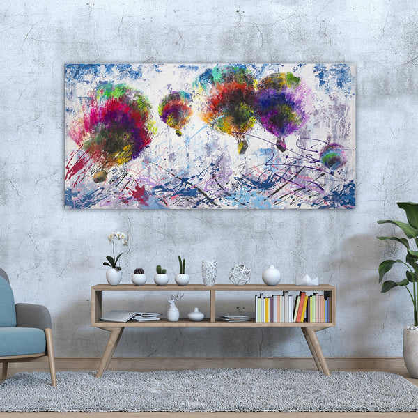 Painting "Free Flight" - bright balloons in an abstract sky