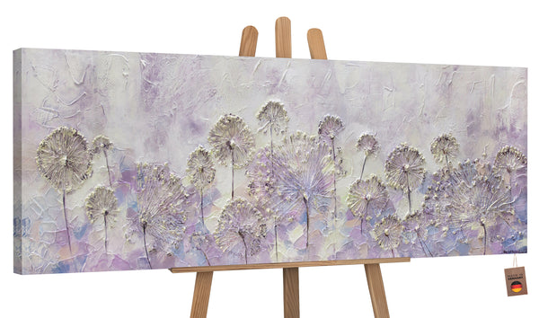 Painting "Early Spring" - textured dandelions on a lavender background