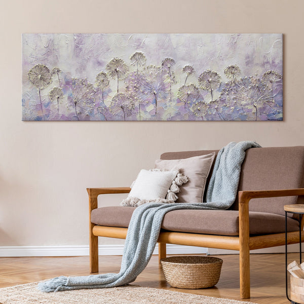 Painting "Early Spring" - textured dandelions on a lavender background
