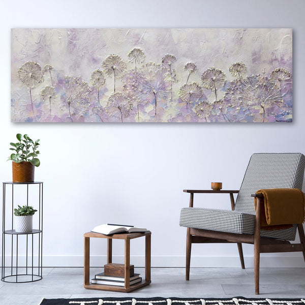 Painting "Early Spring" - textured dandelions on a lavender background