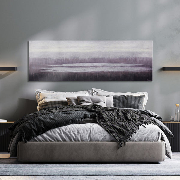 The painting "Calm" is a minimalist landscape in gray-lilac tones