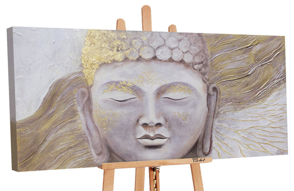 The painting "Enlightenment" is a meditative portrait of the Buddha with gold