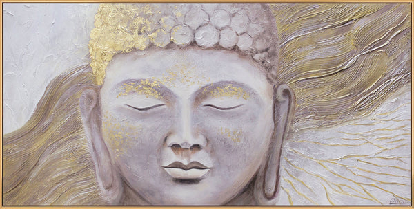 The painting "Enlightenment" is a meditative portrait of the Buddha with gold