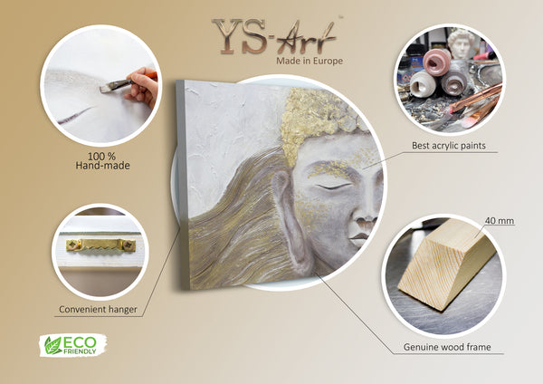The painting "Enlightenment" is a meditative portrait of the Buddha with gold
