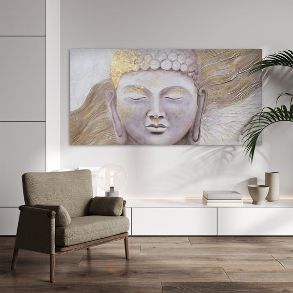 The painting "Enlightenment" is a meditative portrait of the Buddha with gold