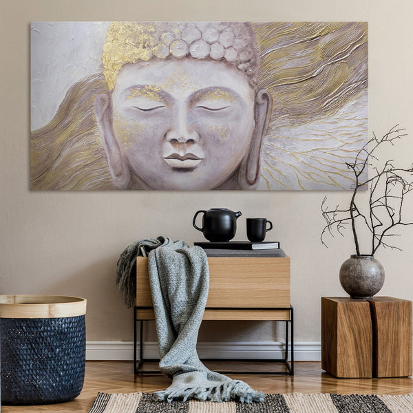 The painting "Enlightenment" is a meditative portrait of the Buddha with gold