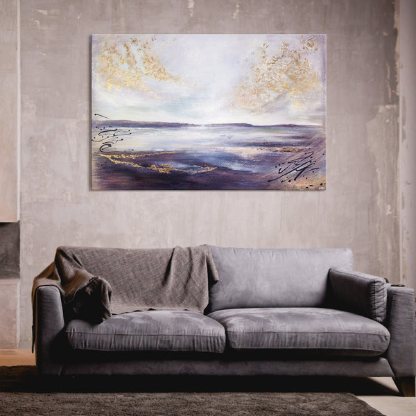 The painting "Sea Distance" is a textured seascape in light colors.