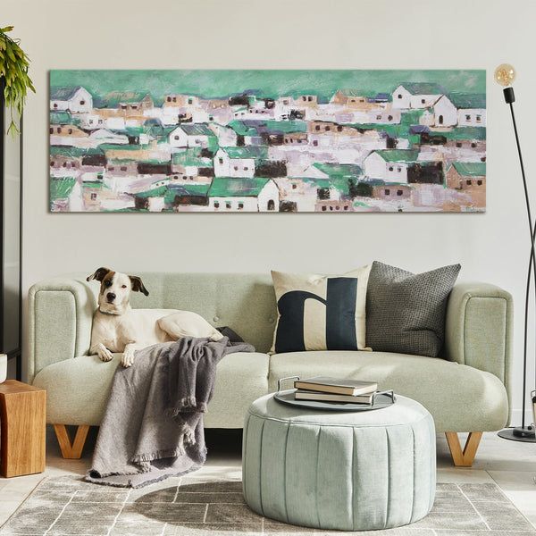 The painting "Southern Quarter" is an abstract scene with city buildings