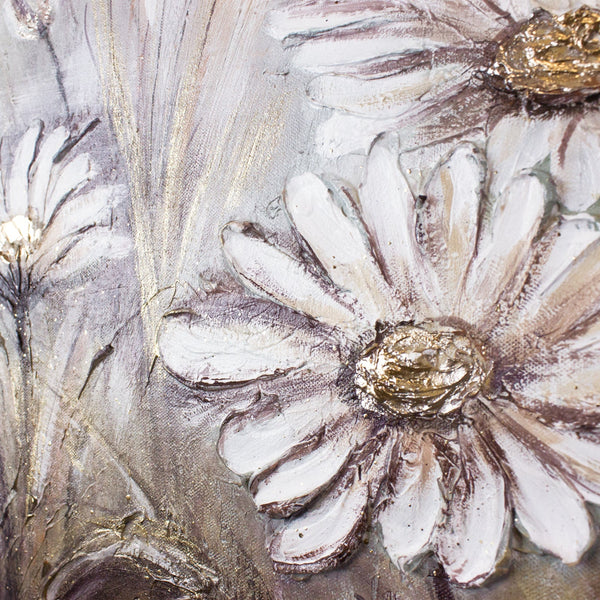 The painting "Daisies" is a delicate floral abstraction in neutral tones.