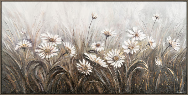 The painting "Daisies" is a delicate floral abstraction in neutral tones.