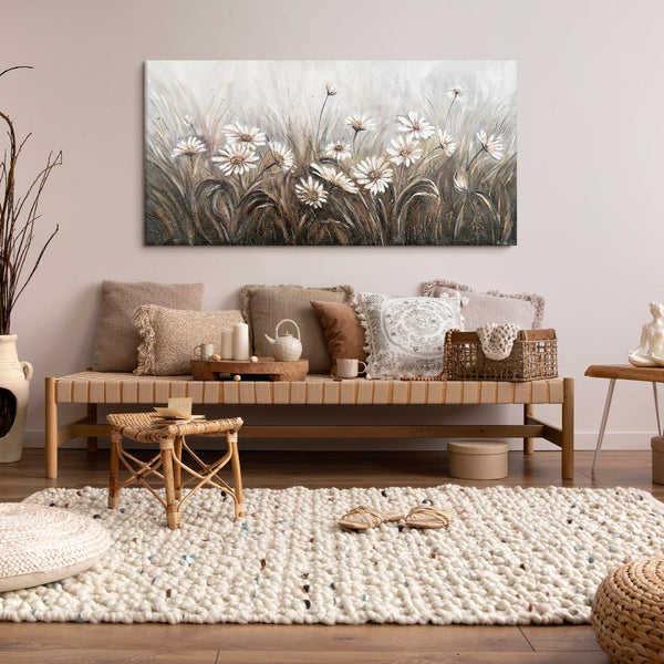The painting "Daisies" is a delicate floral abstraction in neutral tones.