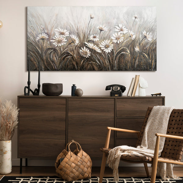 The painting "Daisies" is a delicate floral abstraction in neutral tones.