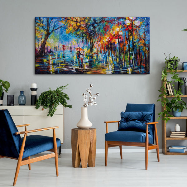 The painting "Autumn Alley" is a bright urban scene in expressive colors