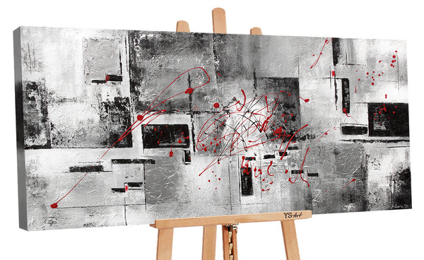 The painting "Courage" is a geometric abstraction with red accents
