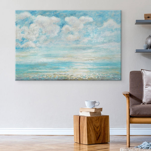 The painting "Summer Coolness" is a textured seascape in blue tones