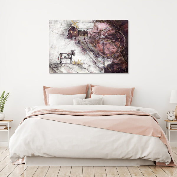 The painting "An Interesting Story" is a surrealistic plot in pastel colors