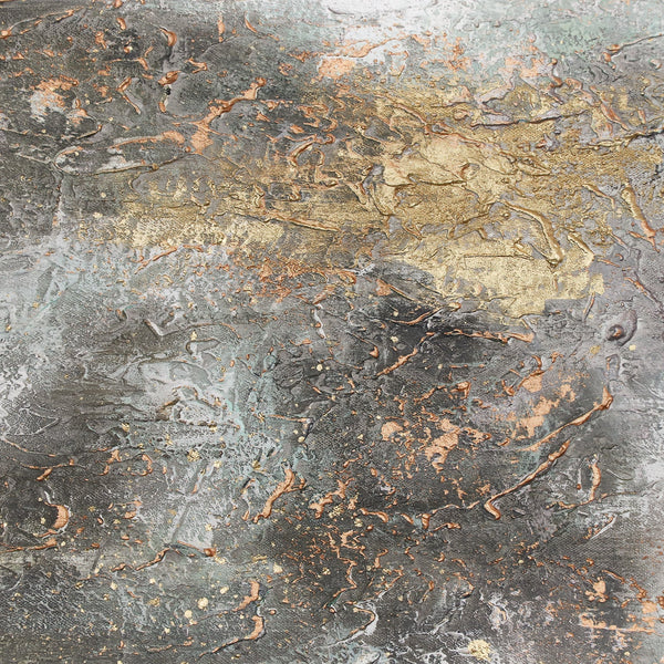 The painting “Quiet Harbor” is an abstract softness of green and gold