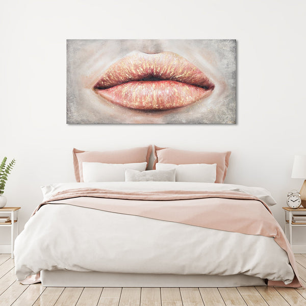 Painting "Kiss" - expressive lips on a textured background