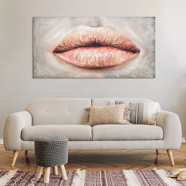 Painting "Kiss" - expressive lips on a textured background