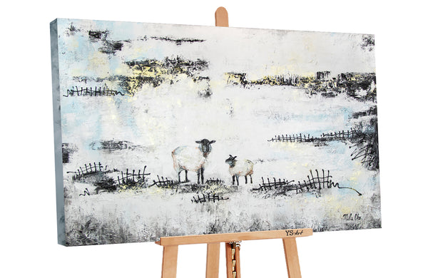 The painting "Case" is a plot scene with sheep against an abstract background.