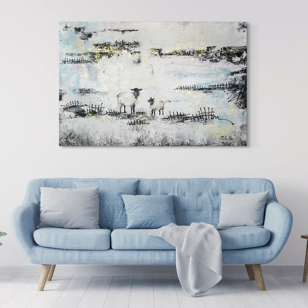 The painting "Case" is a plot scene with sheep against an abstract background.
