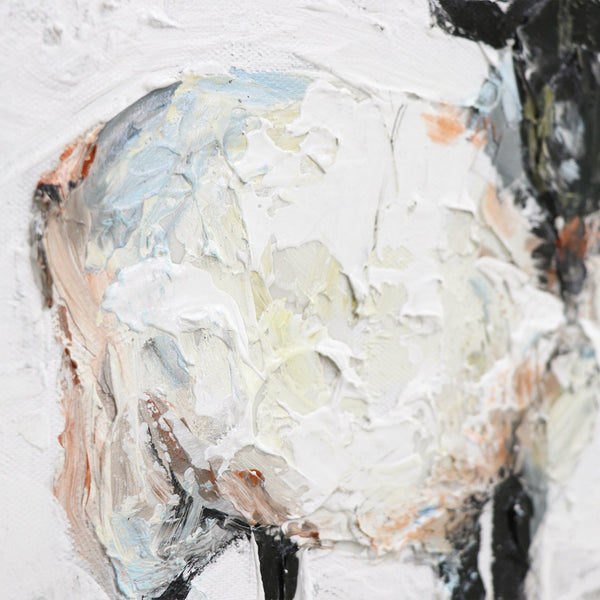 The painting "Case" is a plot scene with sheep against an abstract background.